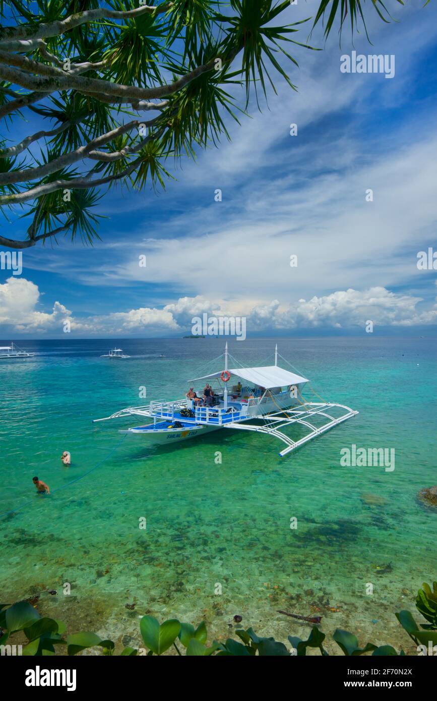 Taucherboot in den Gewässern vor Moalboal, einem beliebten Tauchresort auf der Insel Cebu auf den Philippinen. Panagsama Beach. Stockfoto