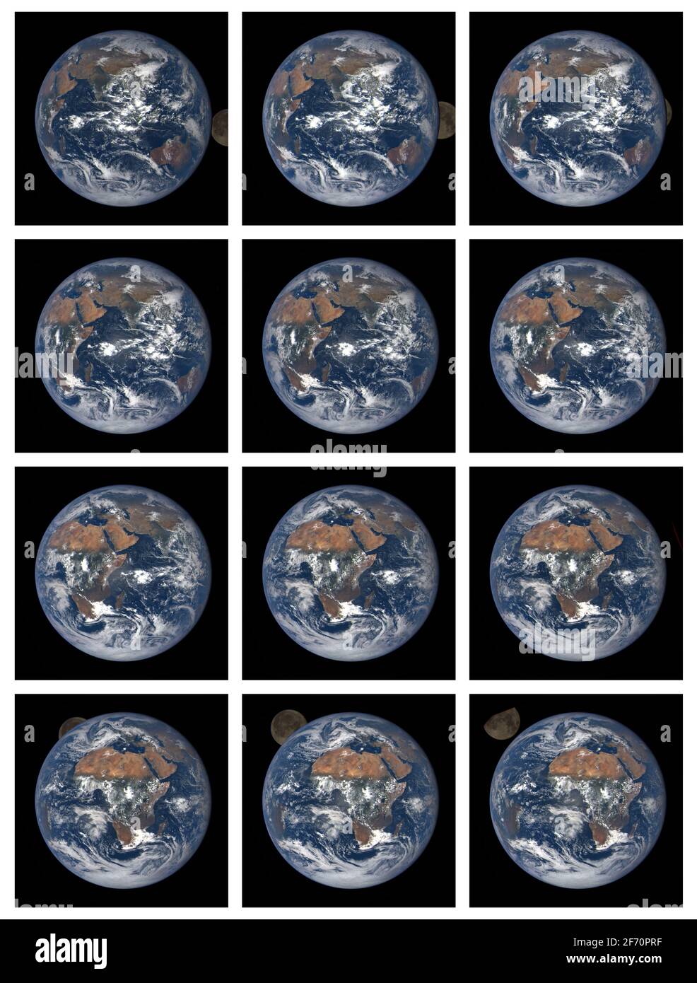 MONDBEDECKUNG 2020 am 02. Oktober 2020 ertappt DSCOVR den Mond, der hinter der Erde vorbeigeht. EPIC hat diese Bilder über einen Zeitraum von etwa 6 Stunden aufgenommen. Optimiertes und verbessertes Komposit aus dem Original-NASA-Bildsatz. Kredit NASA Stockfoto
