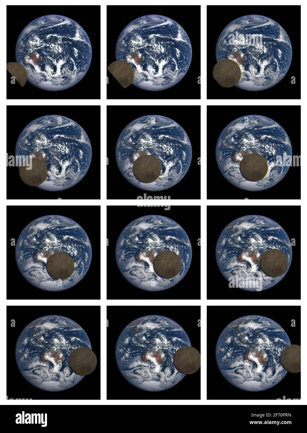 MONDDURCHGANG 2021 am 11. Februar 2021 passierte der Mond wieder zwischen DSCOVR und der Erde. EPIC hat diese Bilder über einen Zeitraum von etwa 3 Stunden aufgenommen. In diesem Set geht die andere Seite des Mondes, die nie von der Erde aus gesehen wird, vorbei. Im Hintergrund dreht sich die Erde über Australien und den Pazifik, was nach und nach Asien enthüllt. Optimiertes und verbessertes Komposit aus dem Original-NASA-Bildsatz. Kredit NASA Stockfoto