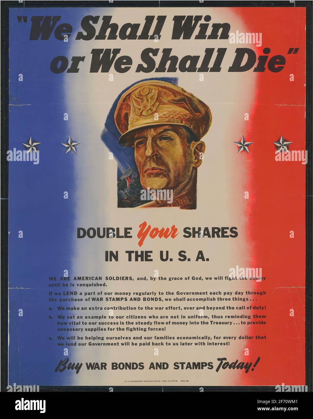 Ein Plakat zum Zweiten Weltkrieg, auf dem Kriegsanleihen und Briefmarken angezeigt werden Stockfoto