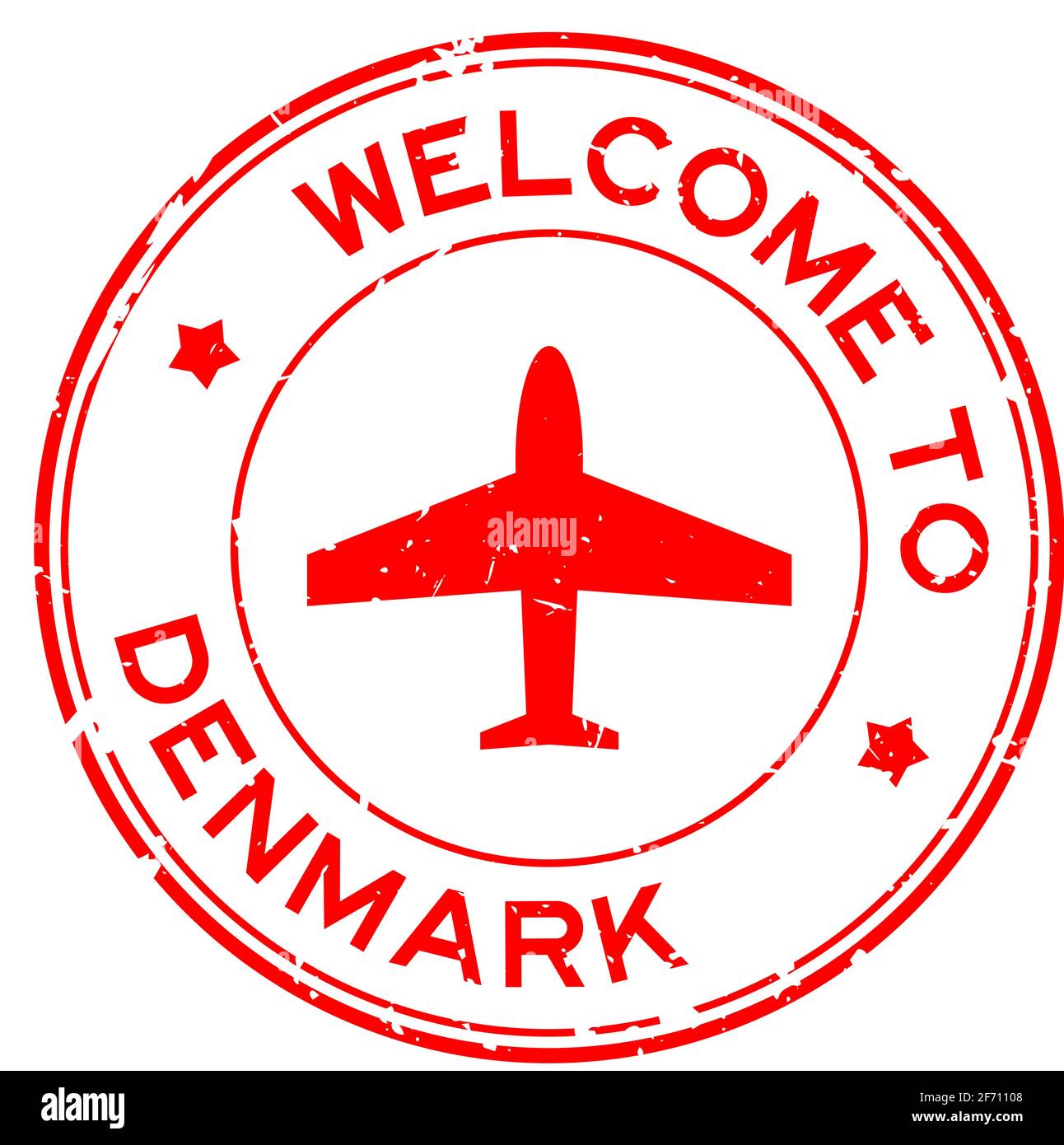 Grunge rot Willkommen in Dänemark Wort mit Flugzeug-Symbol rund Stempel mit Gummidichtung auf weißem Hintergrund Stock Vektor