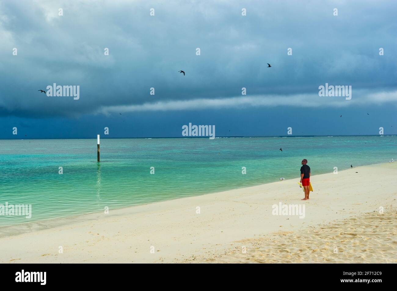 Touristen stehen am Strand und beobachten den stürmischen Himmel über der Korallenmeer auf Heron Island, Southern Great Barrier Reef, Queensland, QLD, Australien Stockfoto