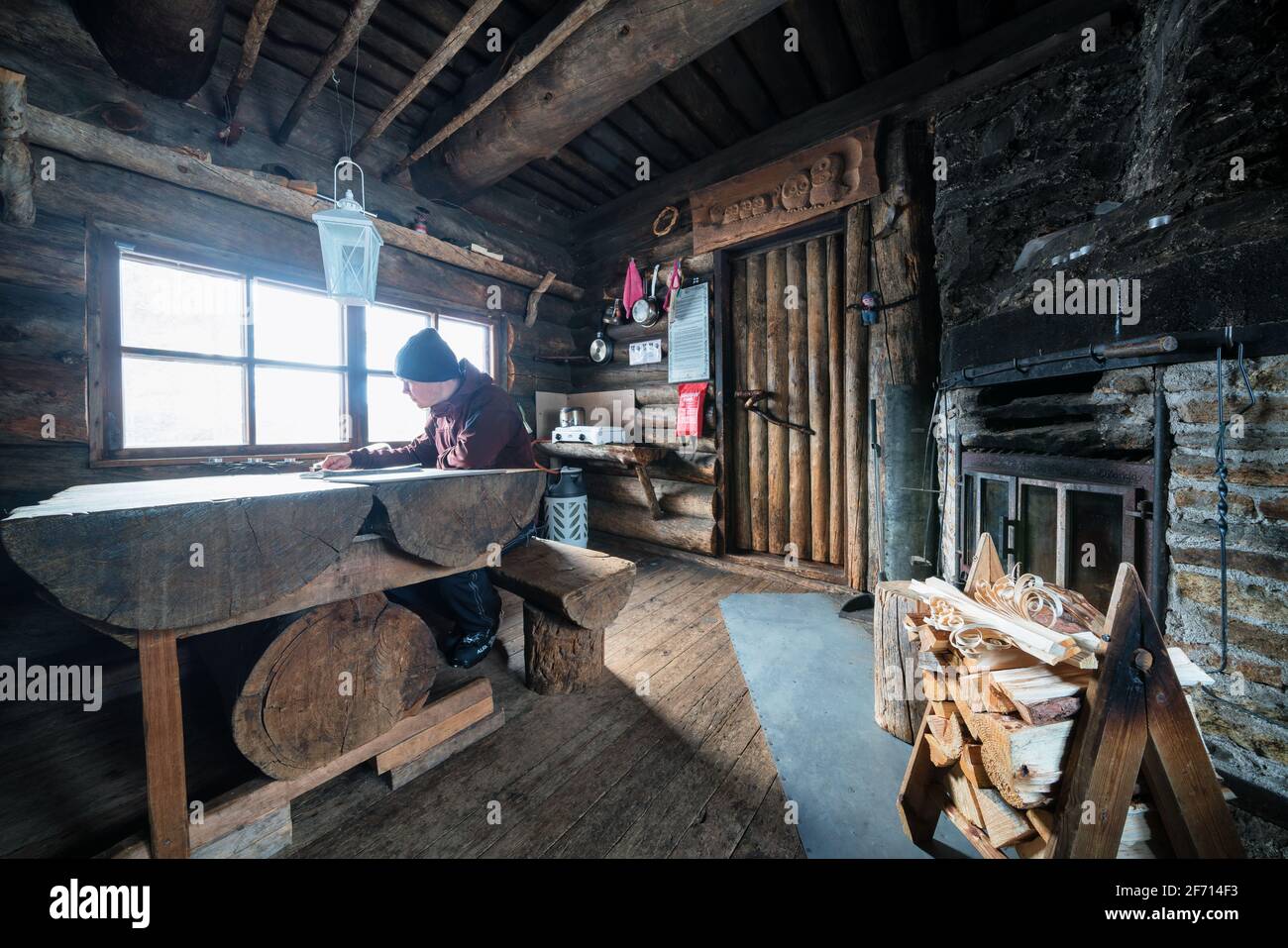 In Anterinmukka offene Wildnishütte, Sodankylä, Lappland, Finnland Stockfoto