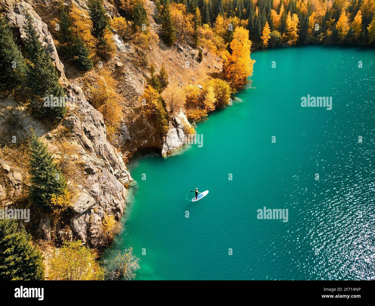 Luftdrohnenaufnahme von man, der im Herbst auf einem SUP-Brett am Bergsee in der Nähe eines gelben Waldes schwimmt. Abenteuer beim Stand Up Paddle Boarding. Stockfoto