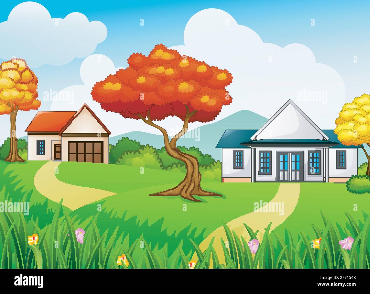 Vektor-Illustration der ländlichen Landschaft mit den Häusern und Herbst Saison Stock Vektor