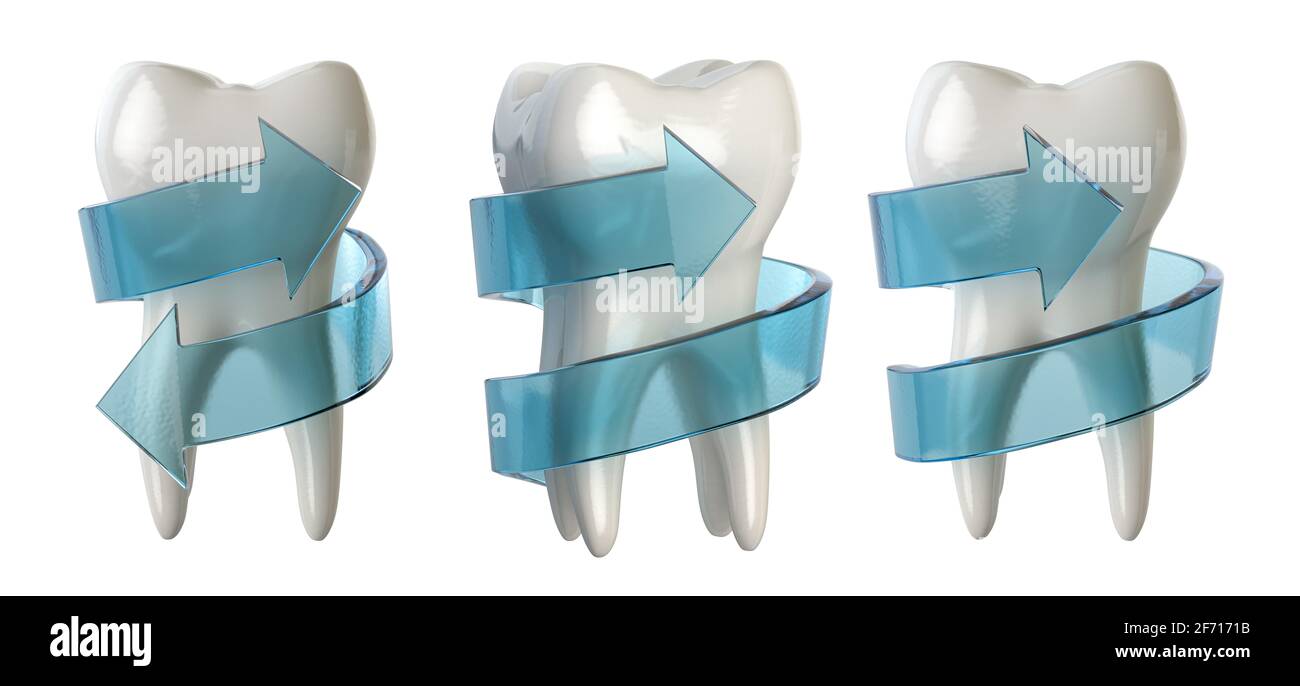 Zahnschutzkonzept. Zahn mit blauem Spiralpfeil isoliert auf weiß. 3d-Illustration Stockfoto