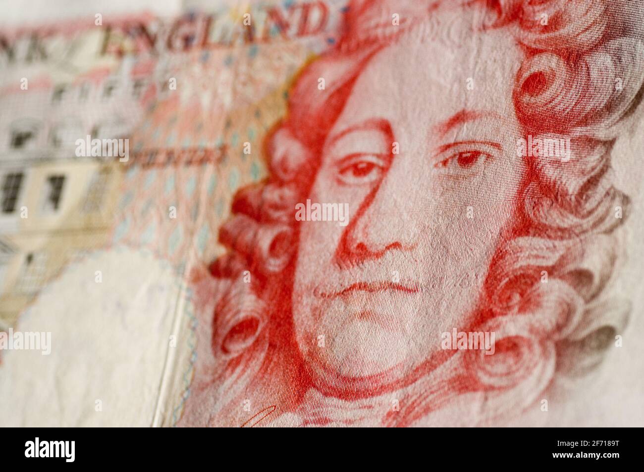 Detail einer 50-Pfund-Banknote der Bank of England. Dies ist die größte im Umlauf befindlichen Wertnote in Großbritannien. Das Bild auf der Rückseite der Notiz i Stockfoto