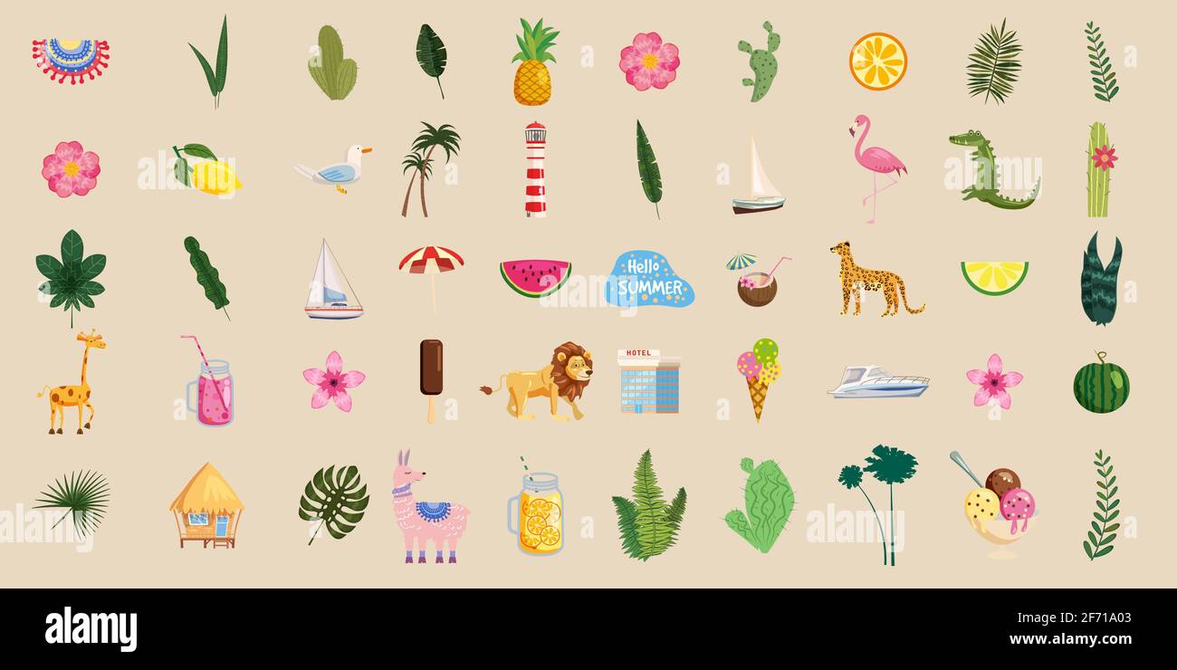 Set von niedlichen trendigen Sommer Ikonen Essen, Getränke, exotische Pflanzen, Blumen, Boote, Tiere, Palmblätter, Früchte und Flamingos. Helles Sommerposter Stock Vektor