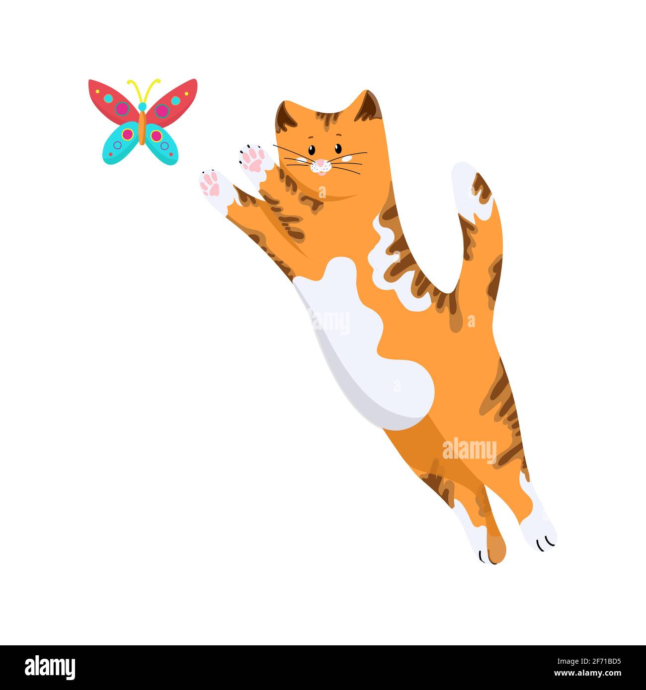 Rote Katze springt für einen farbigen Schmetterling, nette Zeichentrickfigur, Haustier, Gruppe von Vektorobjekten isoliert auf weißem Hintergrund, Handzeichnung. Stock Vektor