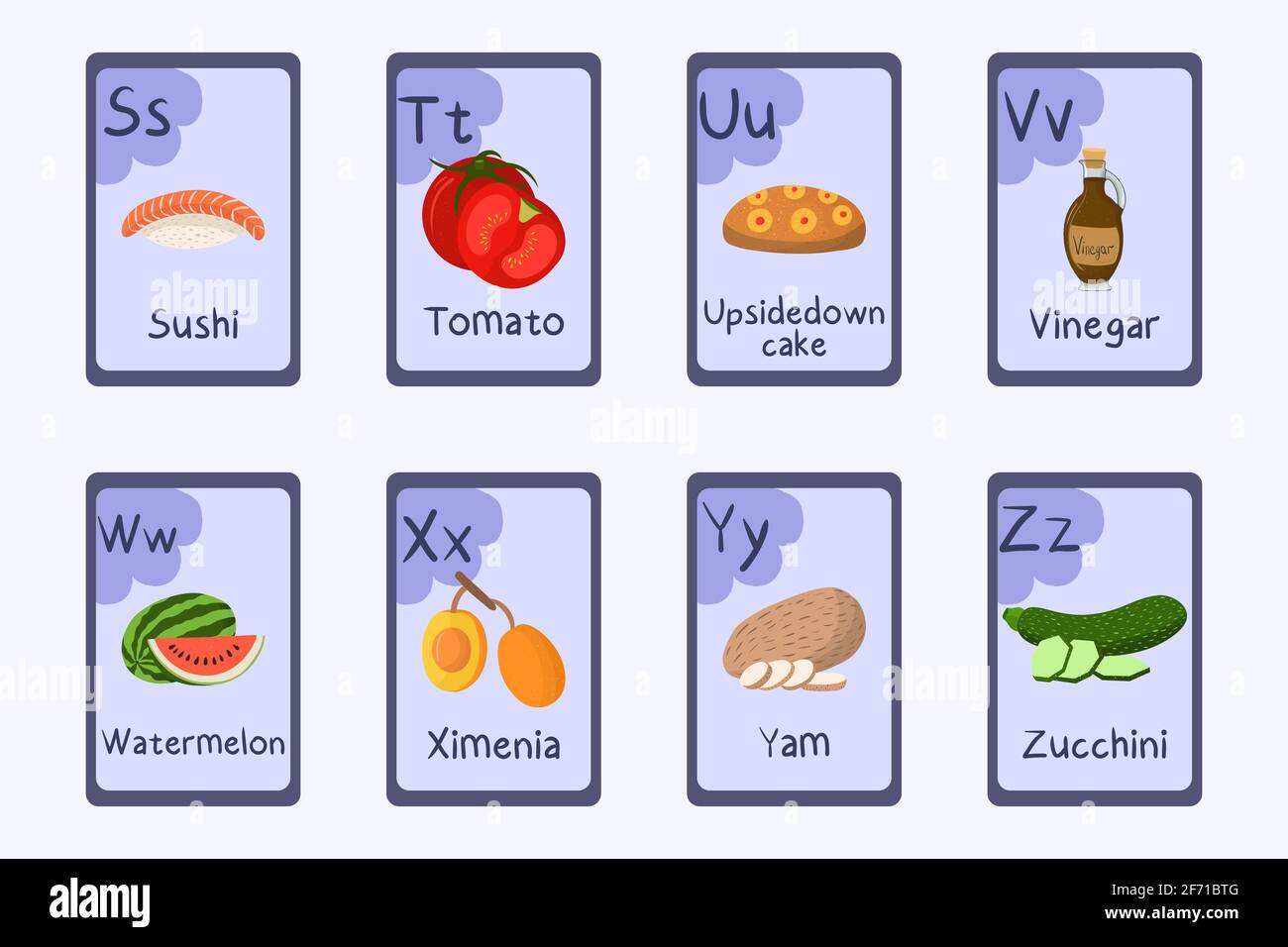 Bunte Alphabet Flashcard Buchstaben S T U V W X Y Z - Sushi Tomate auf den Kopf gestellt Kuchen Essig Wassermelone ximenia yam zucchini. Stock Vektor