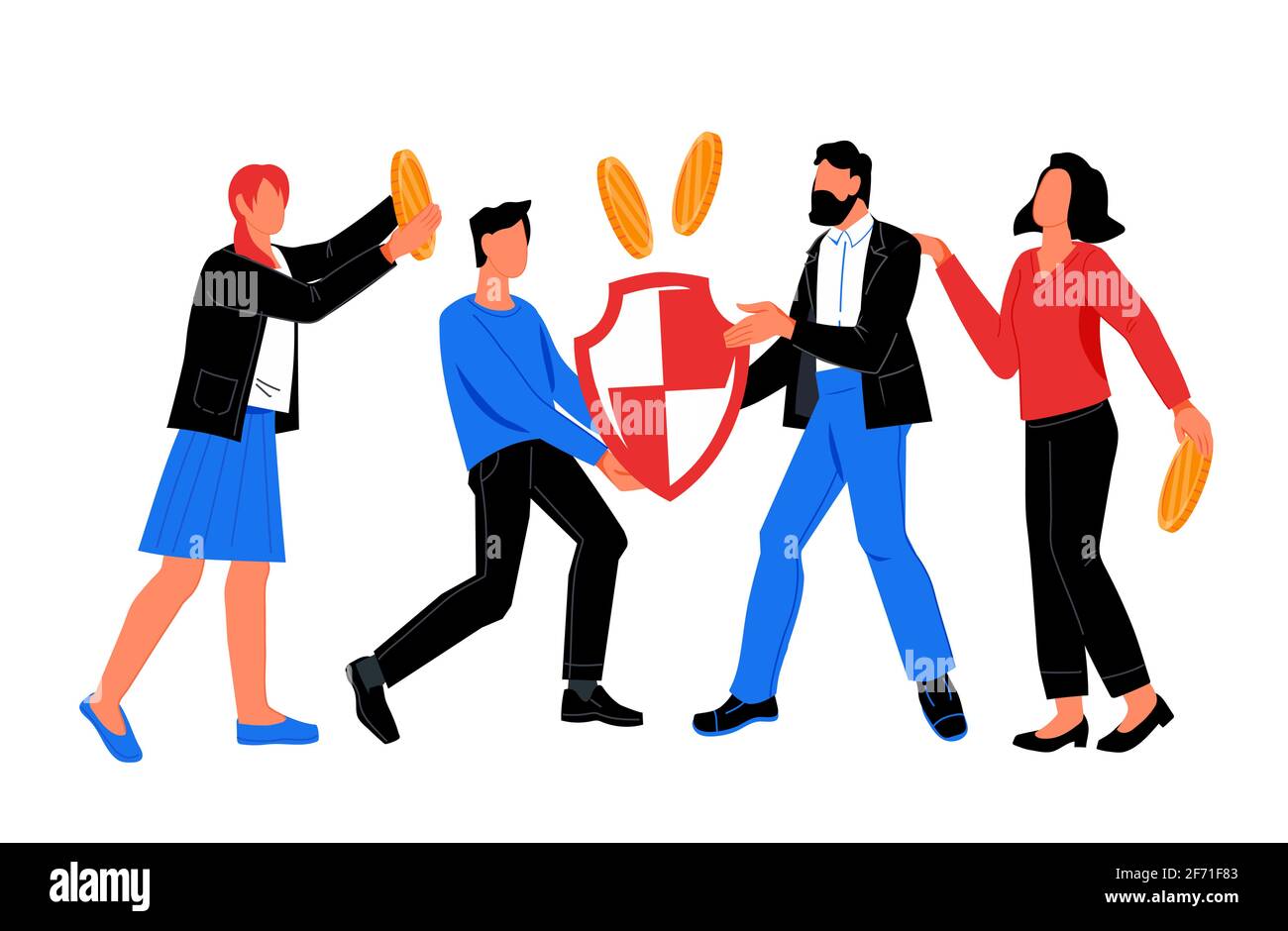 Konzept des Geldschutzes, der finanziellen Ersparnisse und der Versicherung mit Geschäftsleuten zwischen Münzen und Scheinen. Sichere Zahlung und Kontoschutz, flach V Stock Vektor