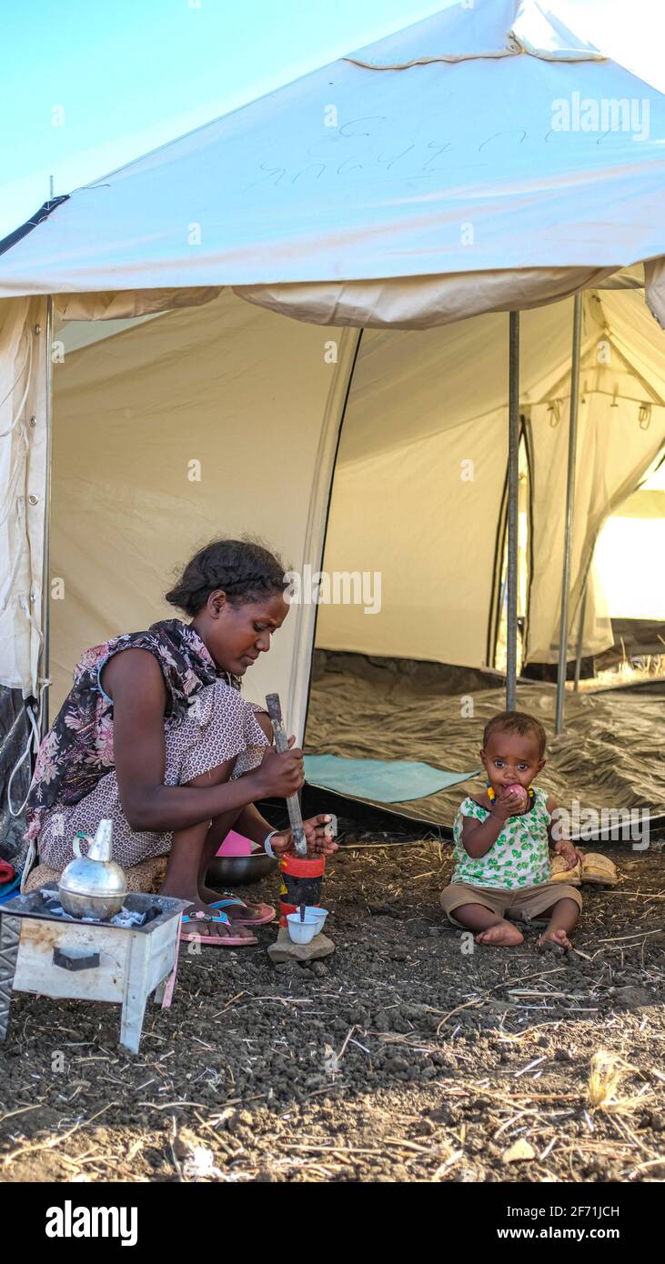 Äthiopische Flüchtlinge wanderten in den Sudan aus und leben im Flüchtlingslager Stockfoto