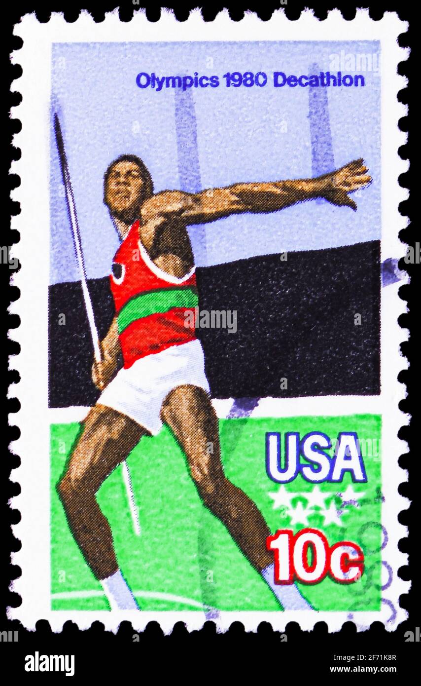 MOSKAU, RUSSLAND - 20. JANUAR 2021: Briefmarke gedruckt in den Vereinigten Staaten zeigt Decathlon, Olympische Sommerspiele 1980 - Moskau Serie, um 1979 Stockfoto