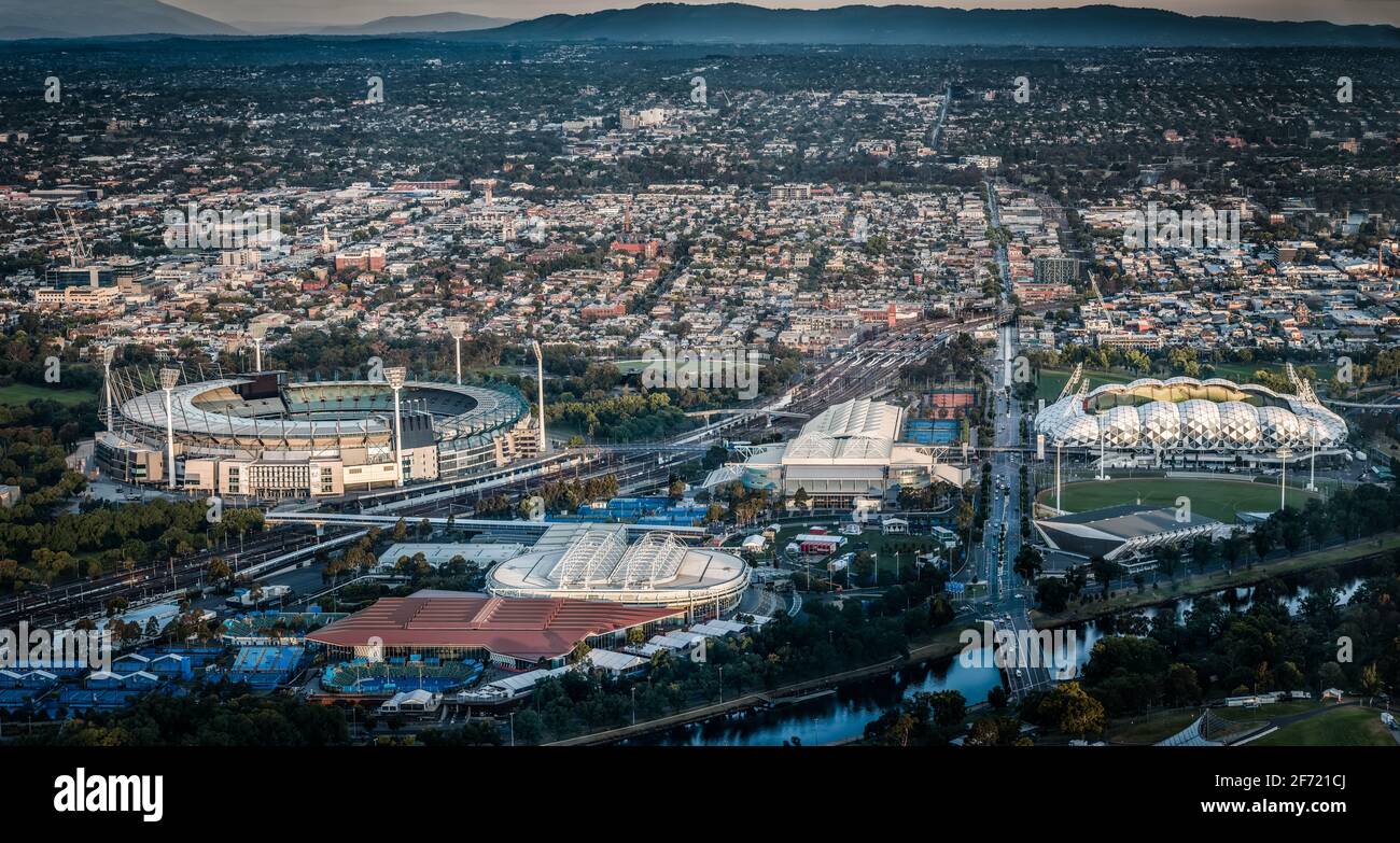 Luftaufnahme der Sportstadien von Melbourne Stockfoto