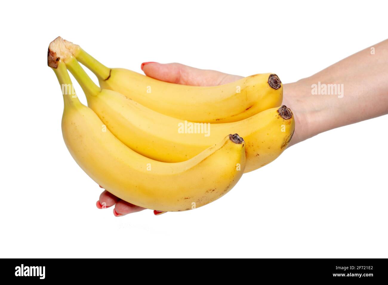 Eine Banane in der Hand auf weißem Hintergrund. Stockfoto