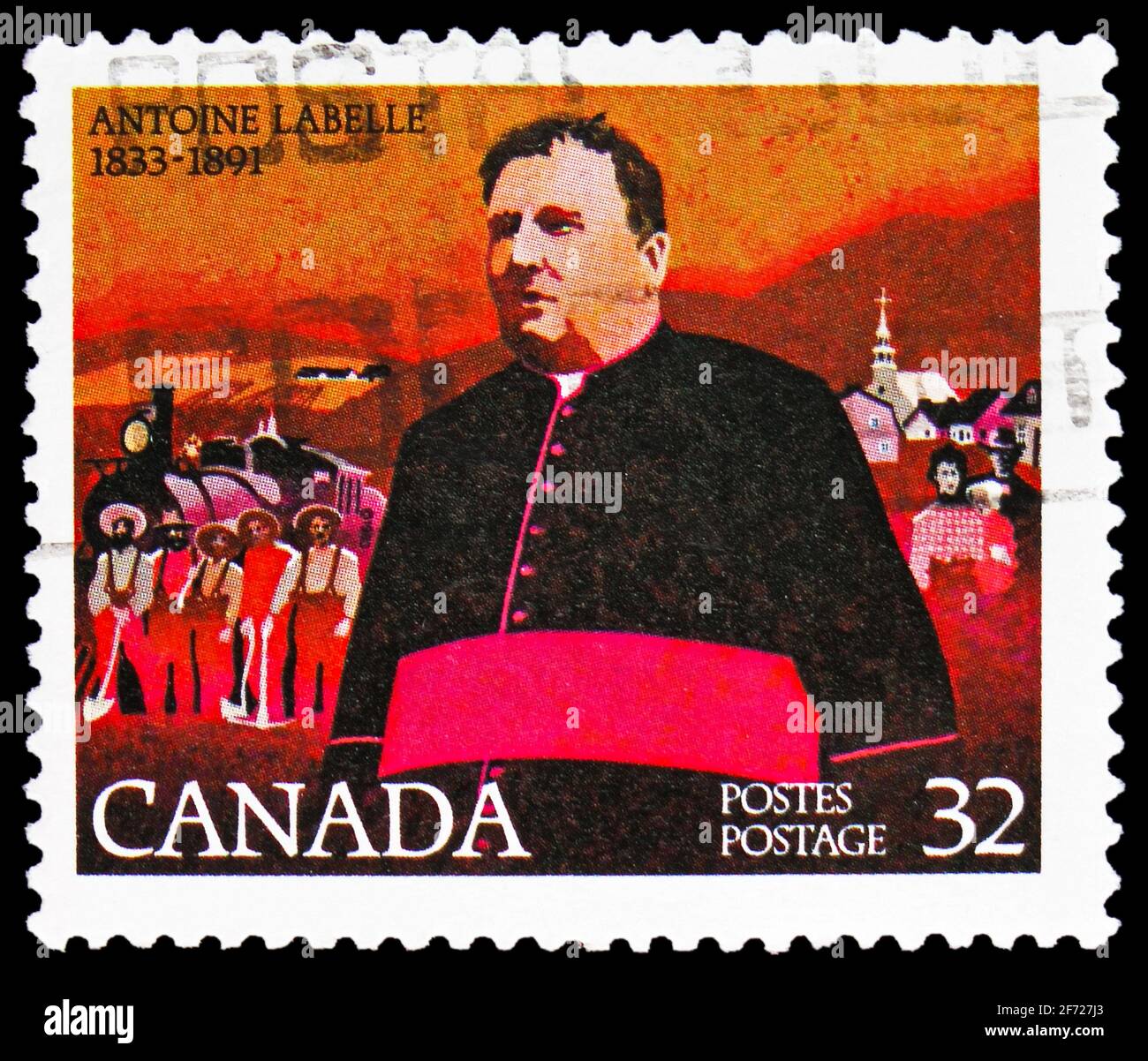 MOSKAU, RUSSLAND - 28. FEBRUAR 2021: Die in Kanada gedruckte Briefmarke zeigt Antoine Labelle, 1833-1891, Serie der Sozialreformer des 19. Jahrhunderts, um 1983 Stockfoto
