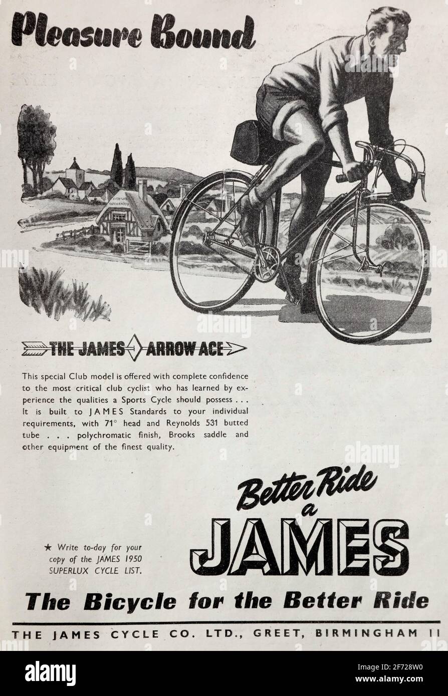 Werbung für Fahrräder von British James aus dem Jahr 1950. Stockfoto