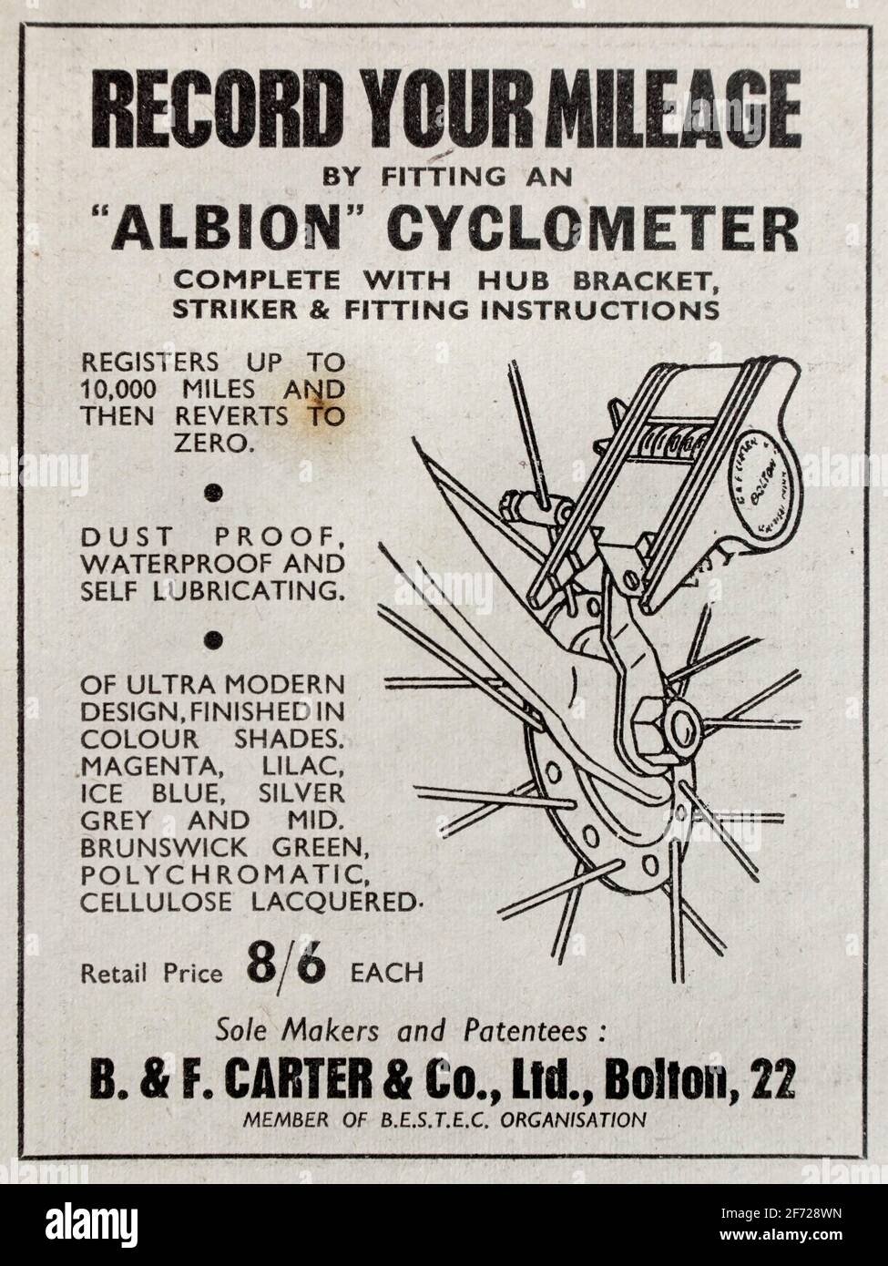 Anzeige im Jahr 1950 für britische Albion-Cyclometer zur Messung der zurückgelegten Strecke. Stockfoto