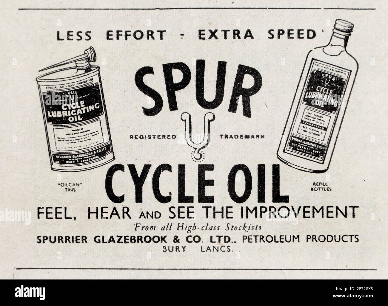 Werbung für British Spur Schmieröl für Fahrräder im Jahr 1950. Stockfoto