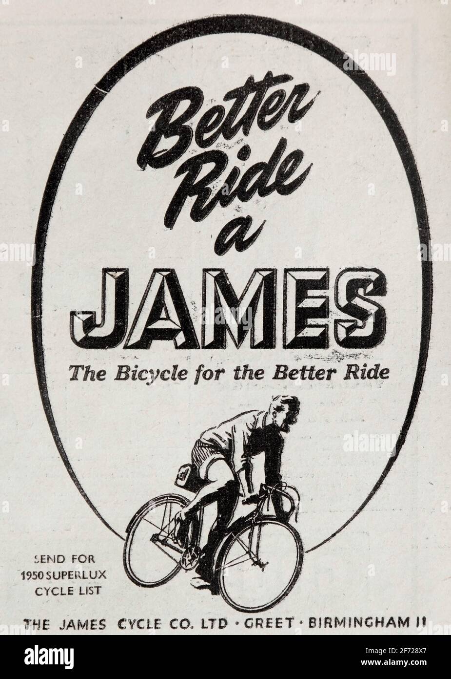 Werbung für Fahrräder von British James aus dem Jahr 1950. Stockfoto