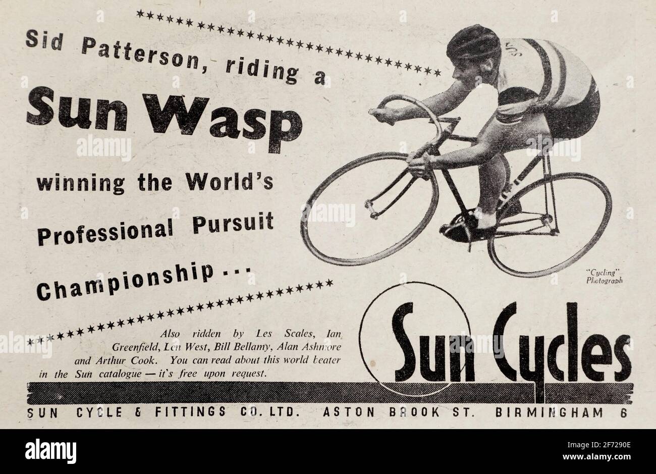 Werbung im Jahr 1953 für britische Sun Fahrräder, mit Sid Patterson, Weltmeister in der Verfolgung, auf einem Sun Wasp-Modell. Stockfoto