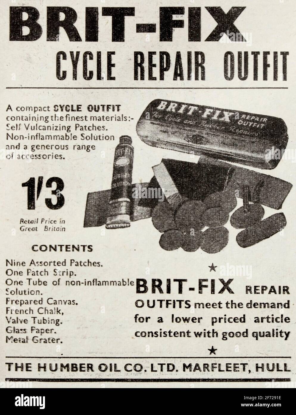 Werbung im Jahr 1953 für britische Brit-Fix-Zyklus-Pannenreparatur-Outfits. Stockfoto