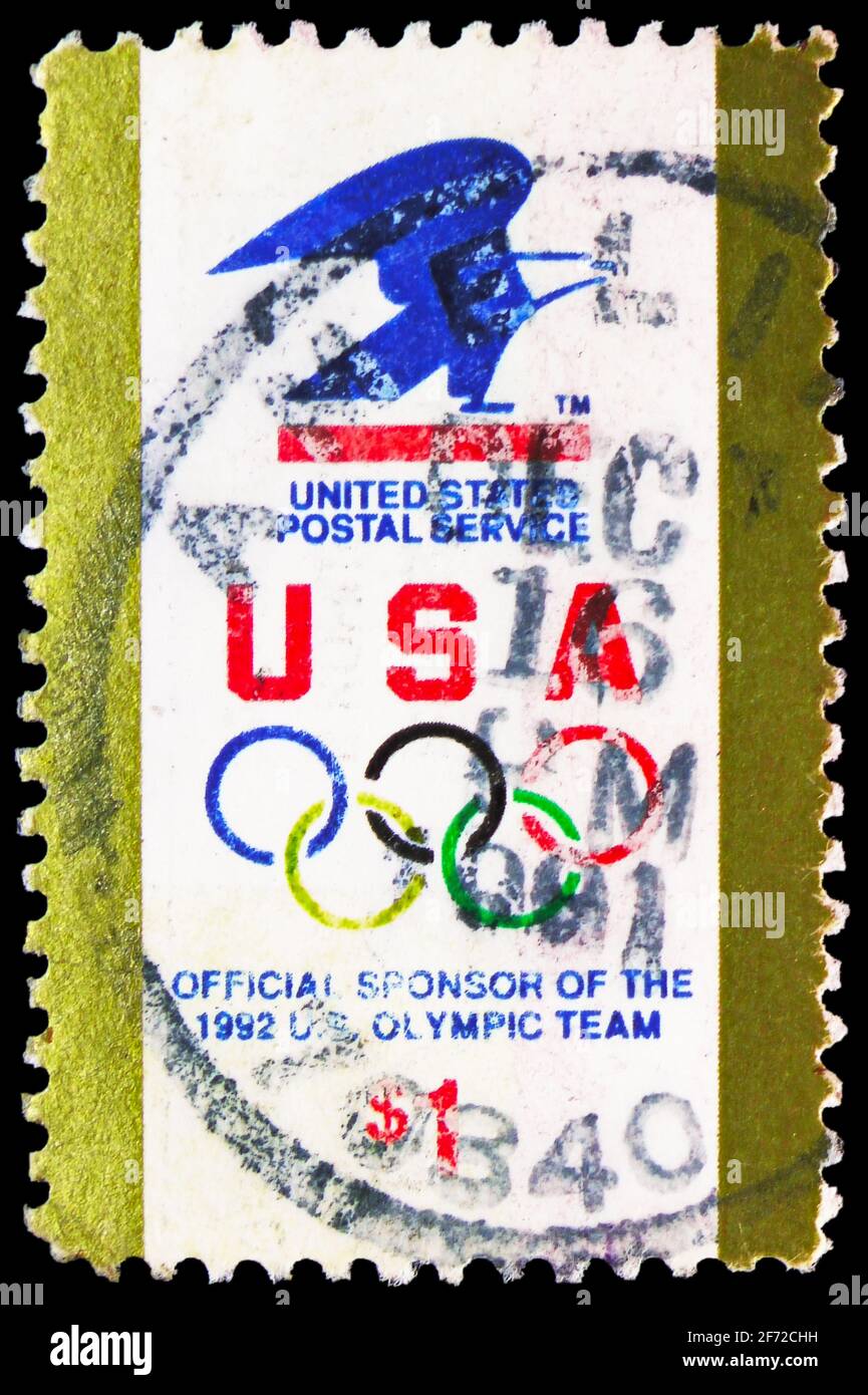 MOSKAU, RUSSLAND - 19. JANUAR 2021: Die in den USA gedruckte Briefmarke zeigt das USPS Eagle Logo, Olympic Rings, Serie 1991-1994, um 1 Stockfoto