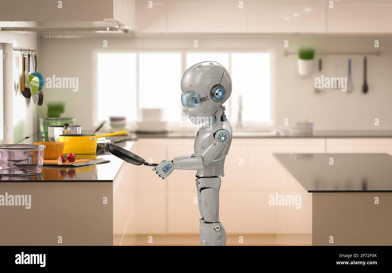 3d-Rendering Koch Roboter oder Assistent Roboter Junge Kochen in Küche  Stockfotografie - Alamy