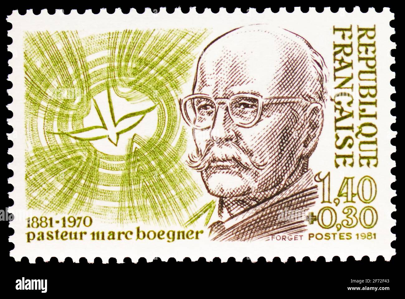 MOSKAU, RUSSLAND - 22. DEZEMBER 2020: In Frankreich gedruckte Briefmarke zeigt Pastor Marc Boegner (1881-1970), Personalities Serie, um 1981 Stockfoto