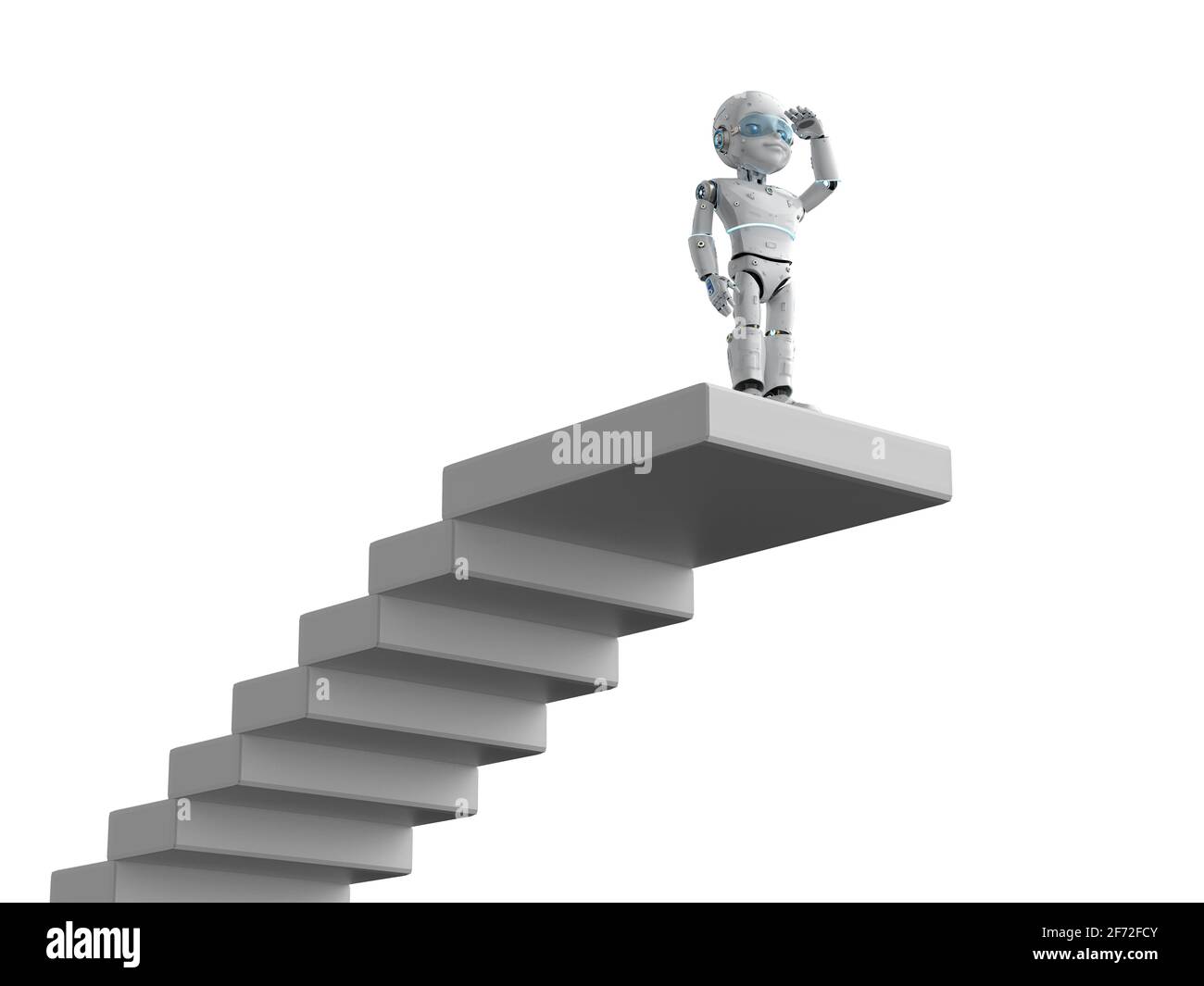 3d-Rendering-Roboter auf der Suche nach Möglichkeiten auf Treppen Stockfoto