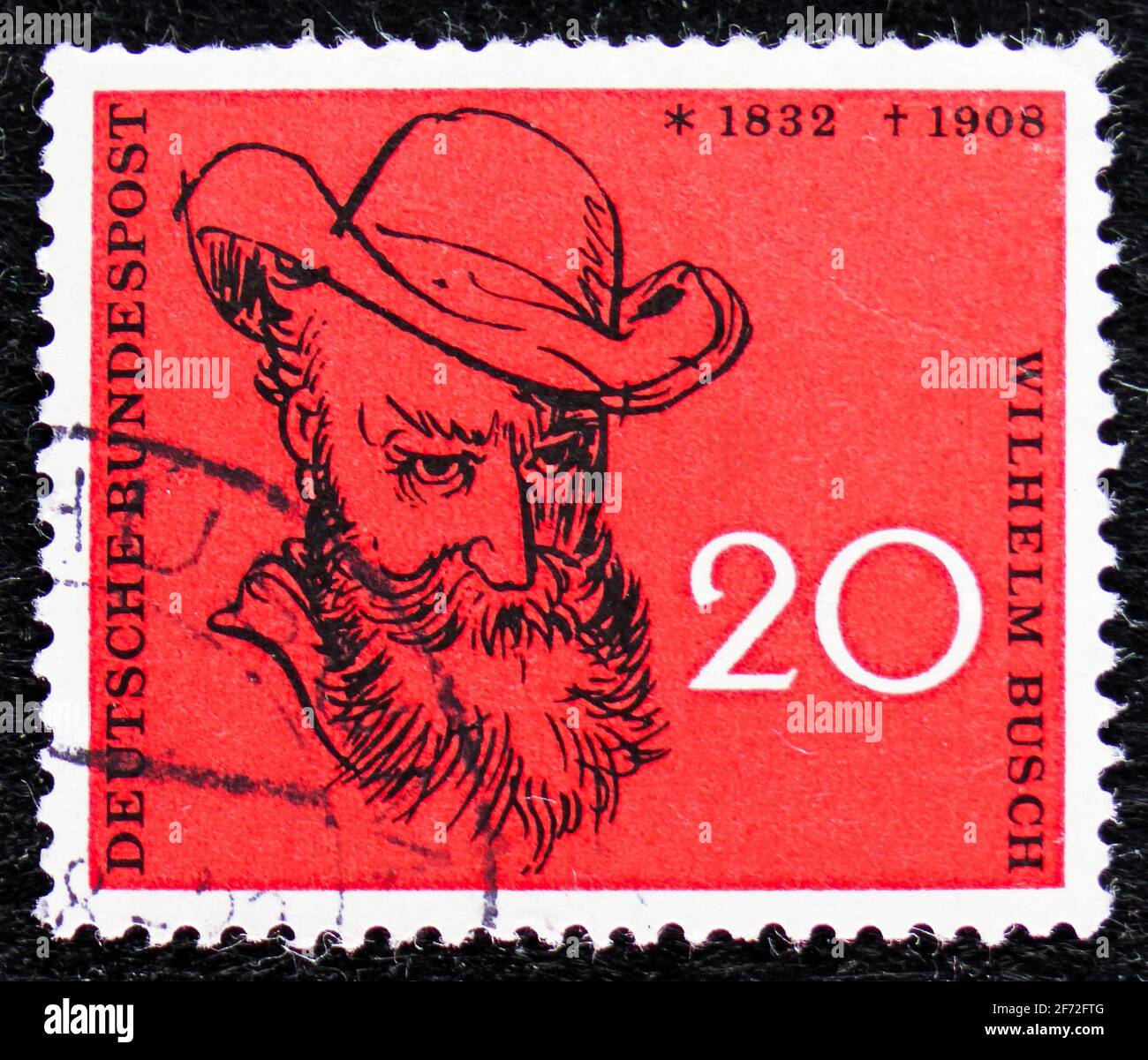 MOSKAU, RUSSLAND - 22. DEZEMBER 2020: In Deutschland gedruckte Briefmarke zeigt Busch, Wilhelm (Schriftsteller und Illustrator) 1832-1908, Serie, um 1958 Stockfoto