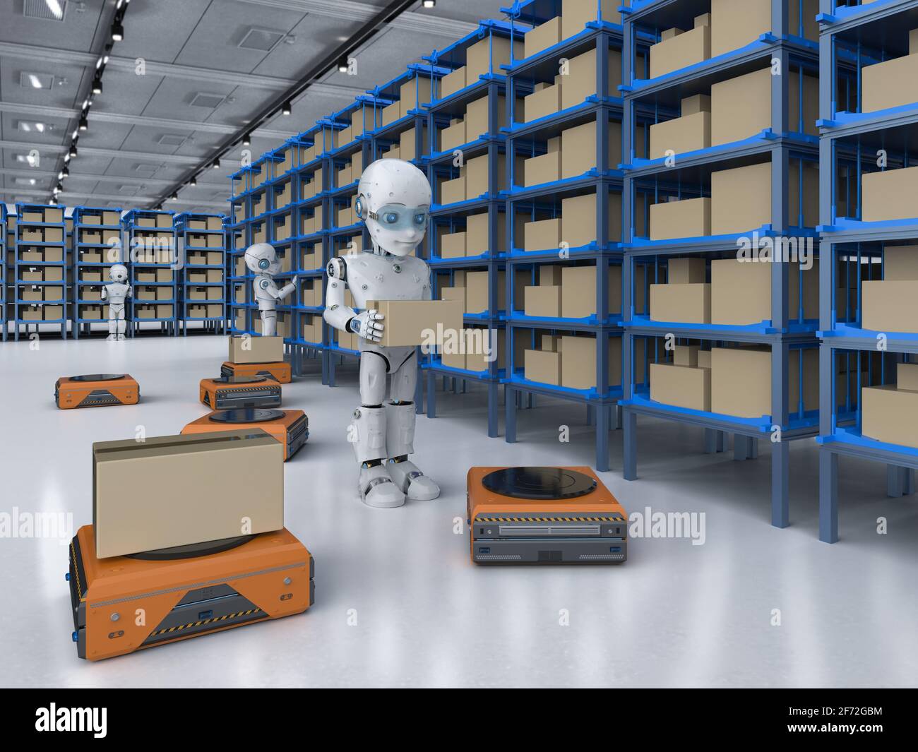 Hochregallager Konzept mit 3D-rendering Automatisierung Roboter arbeiten im  Lager Stockfotografie - Alamy