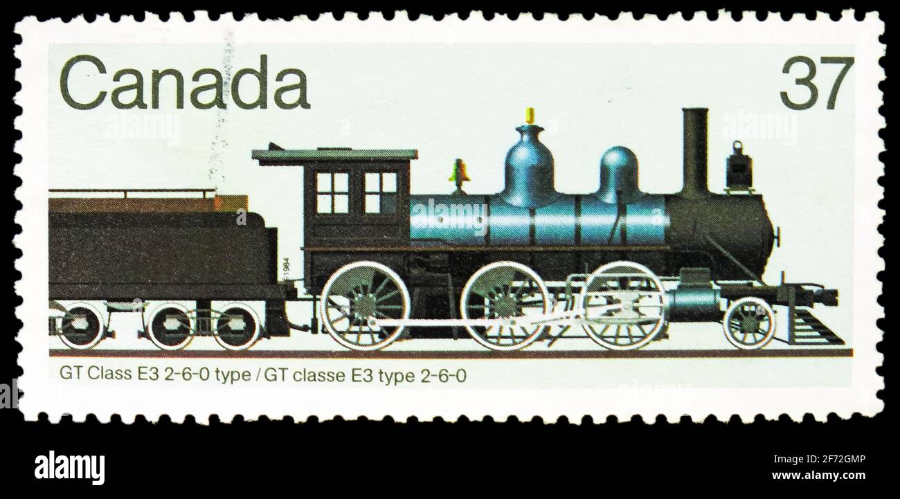 MOSKAU, RUSSLAND - 22. DEZEMBER 2020: Die in Kanada gedruckte Briefmarke zeigt GT-Baureihe E3 2-6-0 Typ (1886), kanadische Lokomotiven, (2. Serie) 1860-1905 Stockfoto