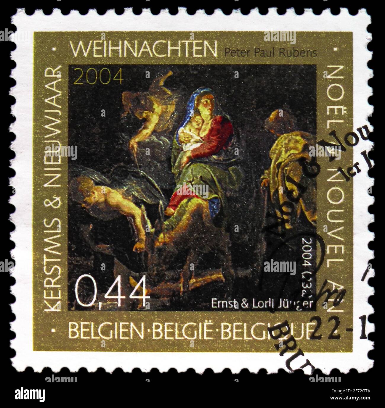 MOSKAU, RUSSLAND - 22. DEZEMBER 2020: In Belgien gedruckte Briefmarke zeigt Deutsch-Belgien Gemeinsame Ausgabe: Flug nach Ägypten, Weihnachten und Neujahr 2004 SE Stockfoto