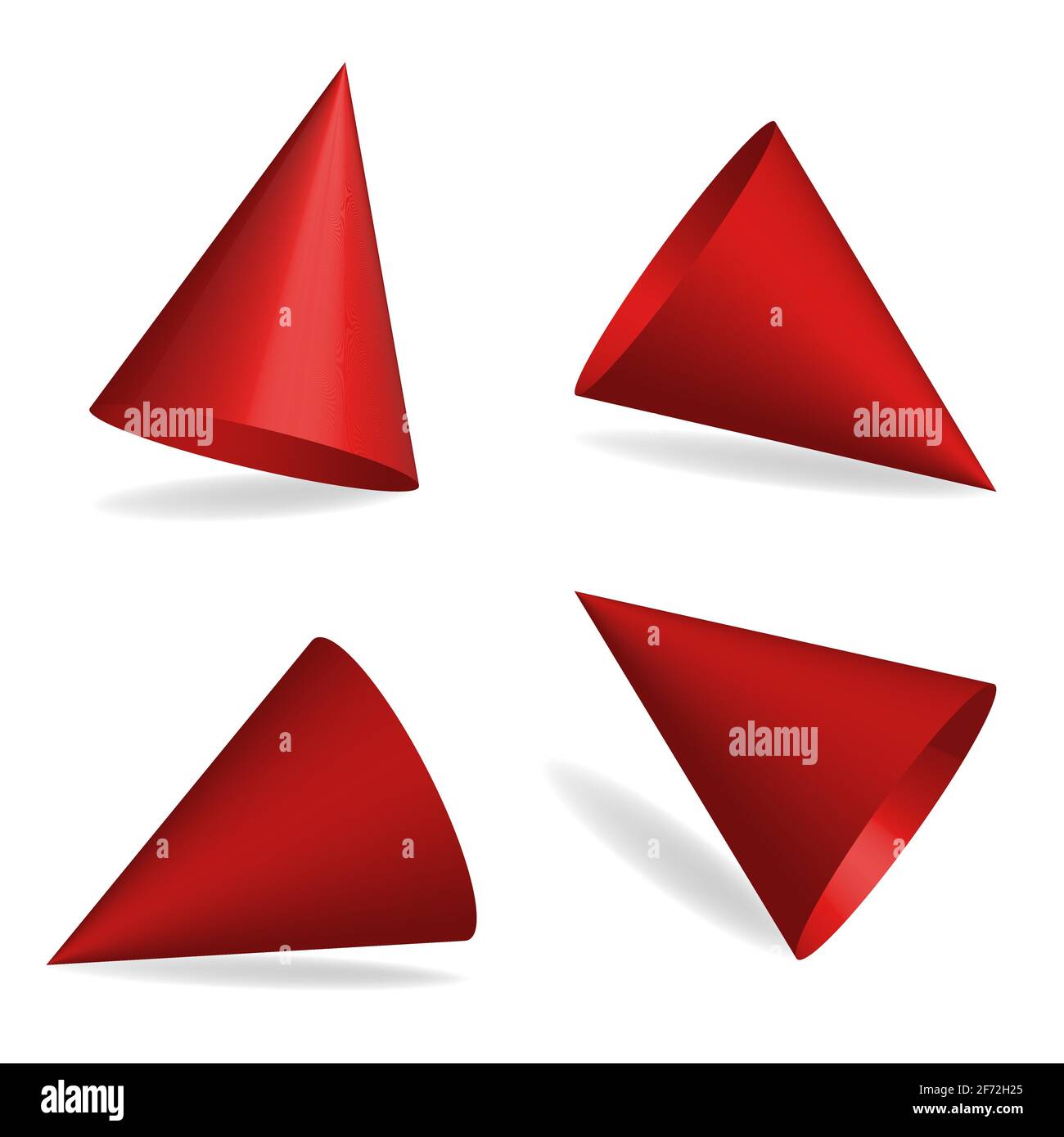 Set von roten Partyhüten. Design-Element für Geburtstag, Jubiläum, weihnachtsfeier. Vektor realistische 3d-Mockup von leeren Kegelkopfkappen für Carniva Stock Vektor