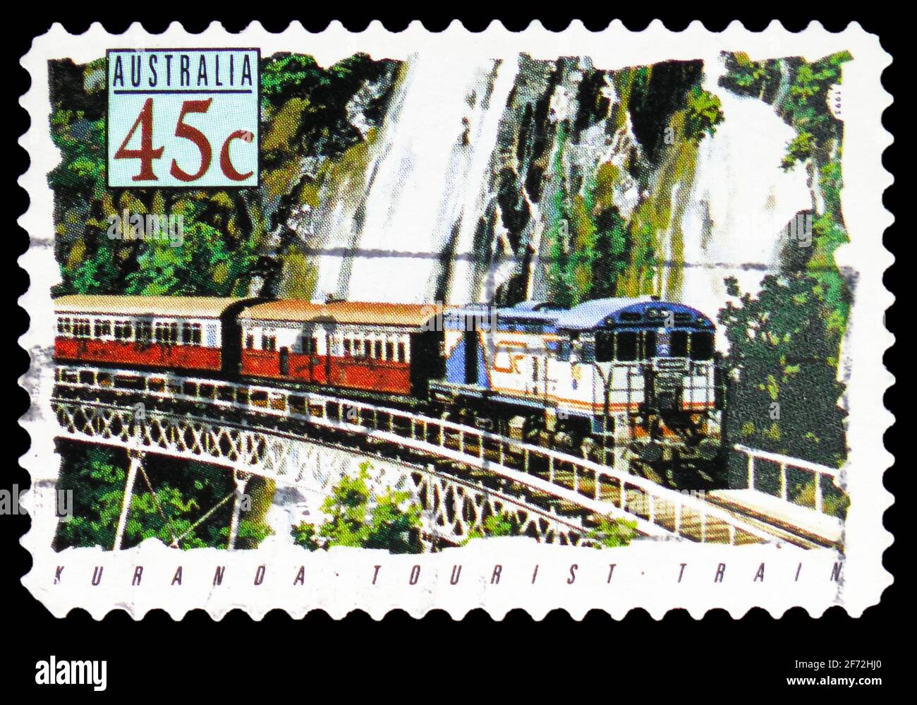 MOSKAU, RUSSLAND - 22. DEZEMBER 2020: In Australien gedruckte Briefmarke zeigt Cairns - Kuranda Touristenzug, Queensland, Trains Serie, um 1993 Stockfoto