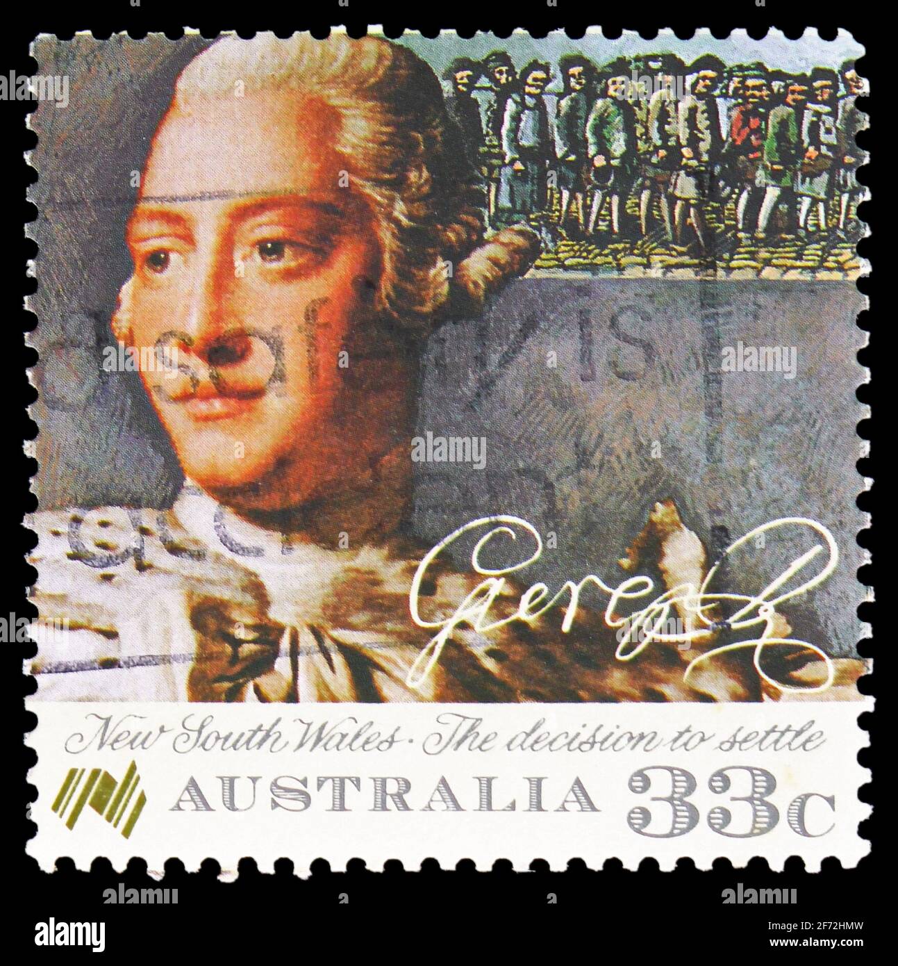 MOSKAU, RUSSLAND - 22. DEZEMBER 2020: Die in Australien gedruckte Briefmarke zeigt König George III., Zweihundertjahrfeier der australischen Siedlung - Siedlung (5) se Stockfoto