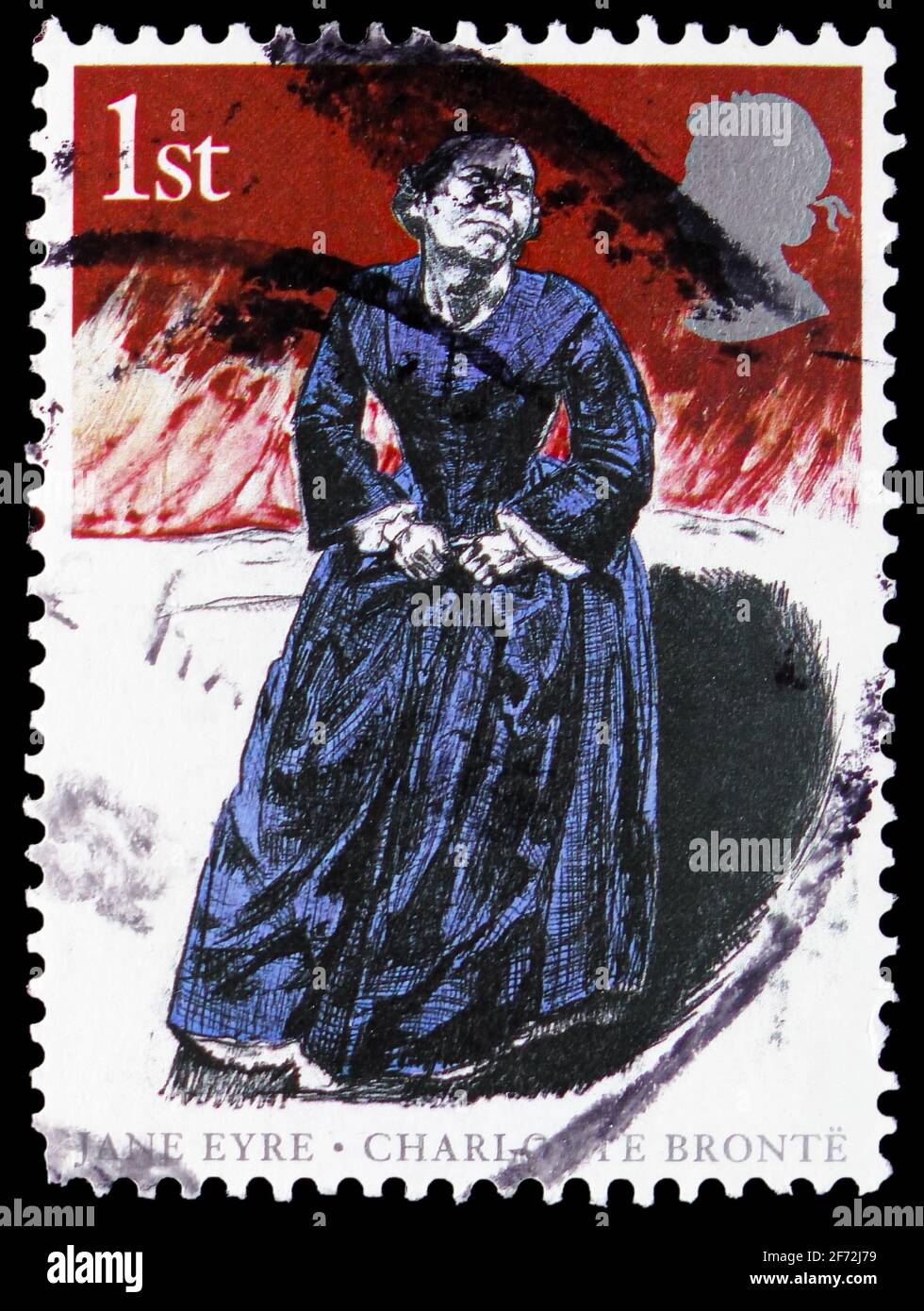 MOSKAU, RUSSLAND - 22. DEZEMBER 2020: Die in Großbritannien gedruckte Briefmarke zeigt Jane Eyre - 'Come to Me', 150. Todestag von Charlotte Bront Stockfoto