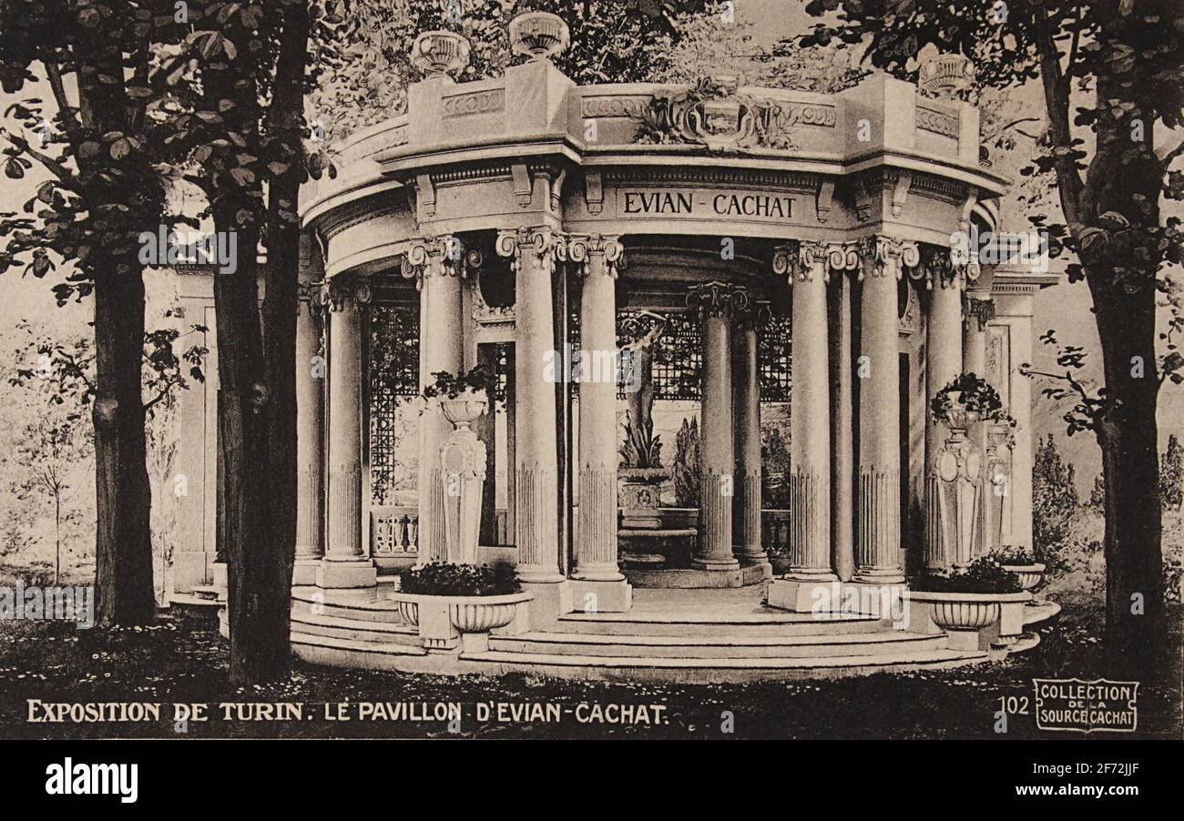 Postkarte mit dem Pavillon Evian-Cachat auf der Weltausstellung 1911 in Turin, Italien Stockfoto