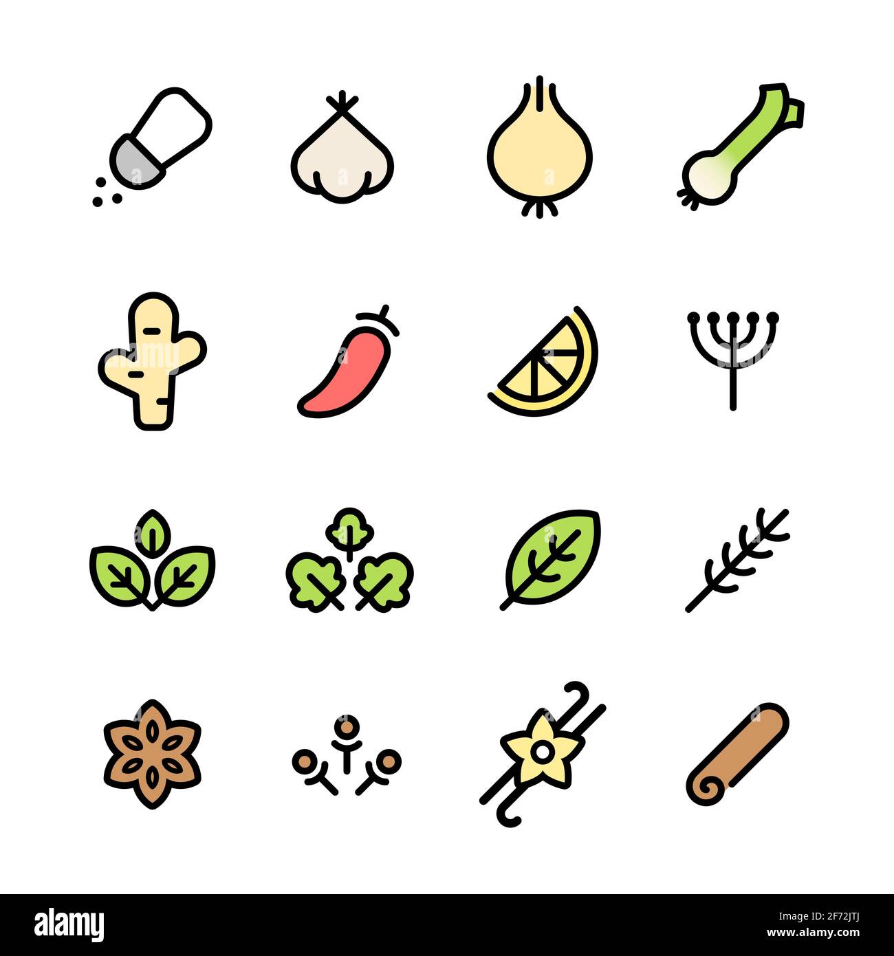 Icon-Set für Gewürze und Kräuter. Einfache und minimale Piktogramme von gängigen Aromaten und Gewürzen. Vektorgrafik. Stock Vektor