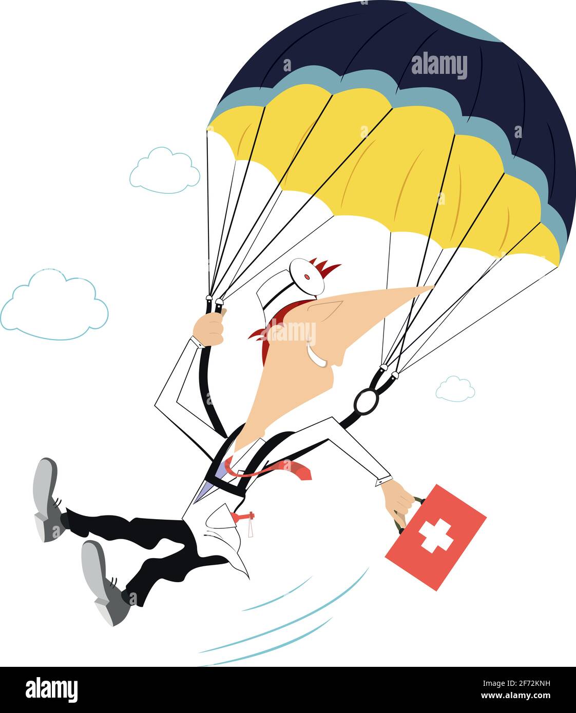Lächelnder Arzt Fallschirmspringer Illustration. Die Heiterkeit Arzt mit einem Beutel fällt vom Fallschirm isoliert auf weiß Stock Vektor