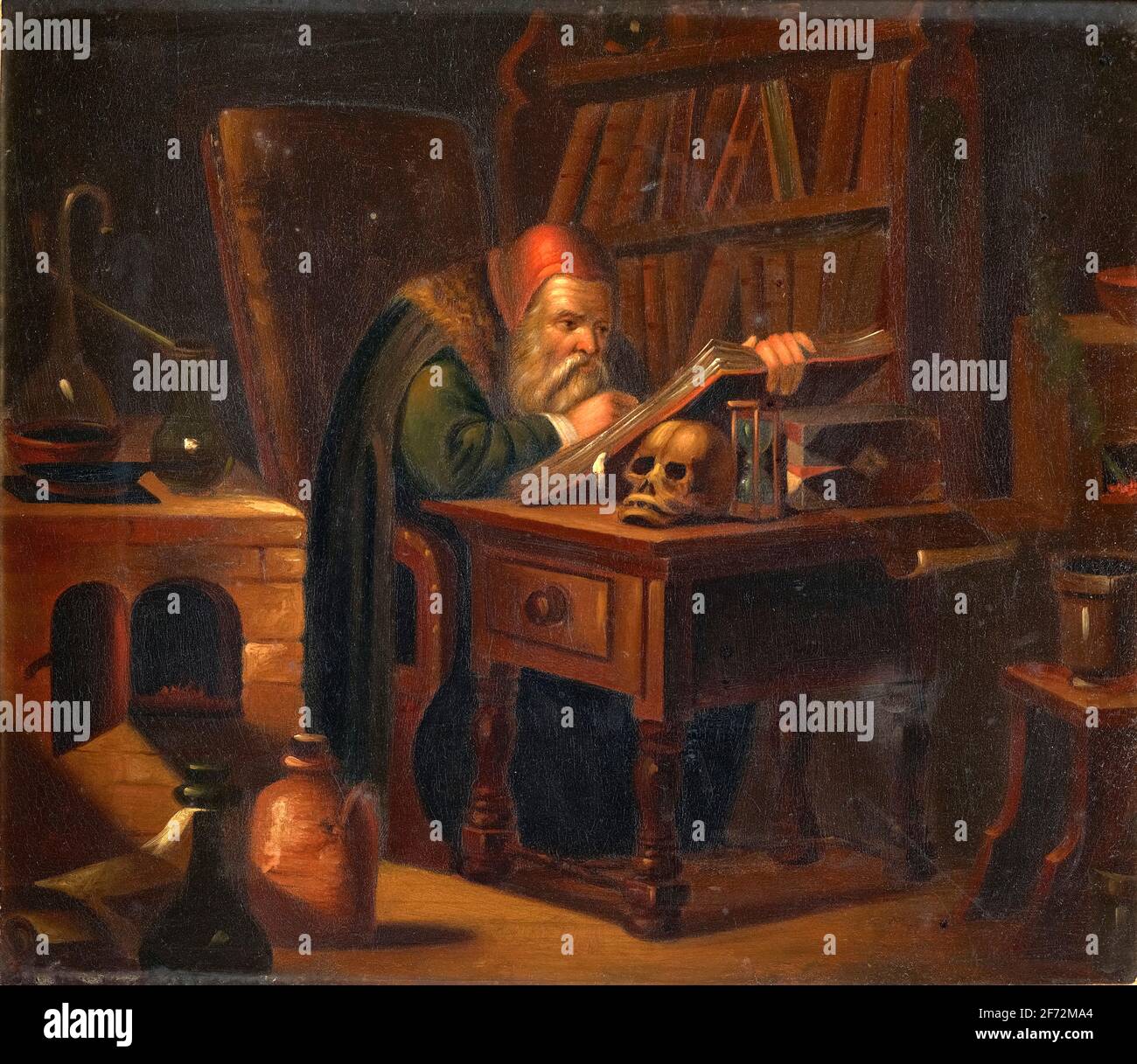 Alchemist bei der Arbeit (mit Buch auf Schädel) -nach 1620 – vor 1690 - von Teniers, David (1610-1690 ) Stockfoto