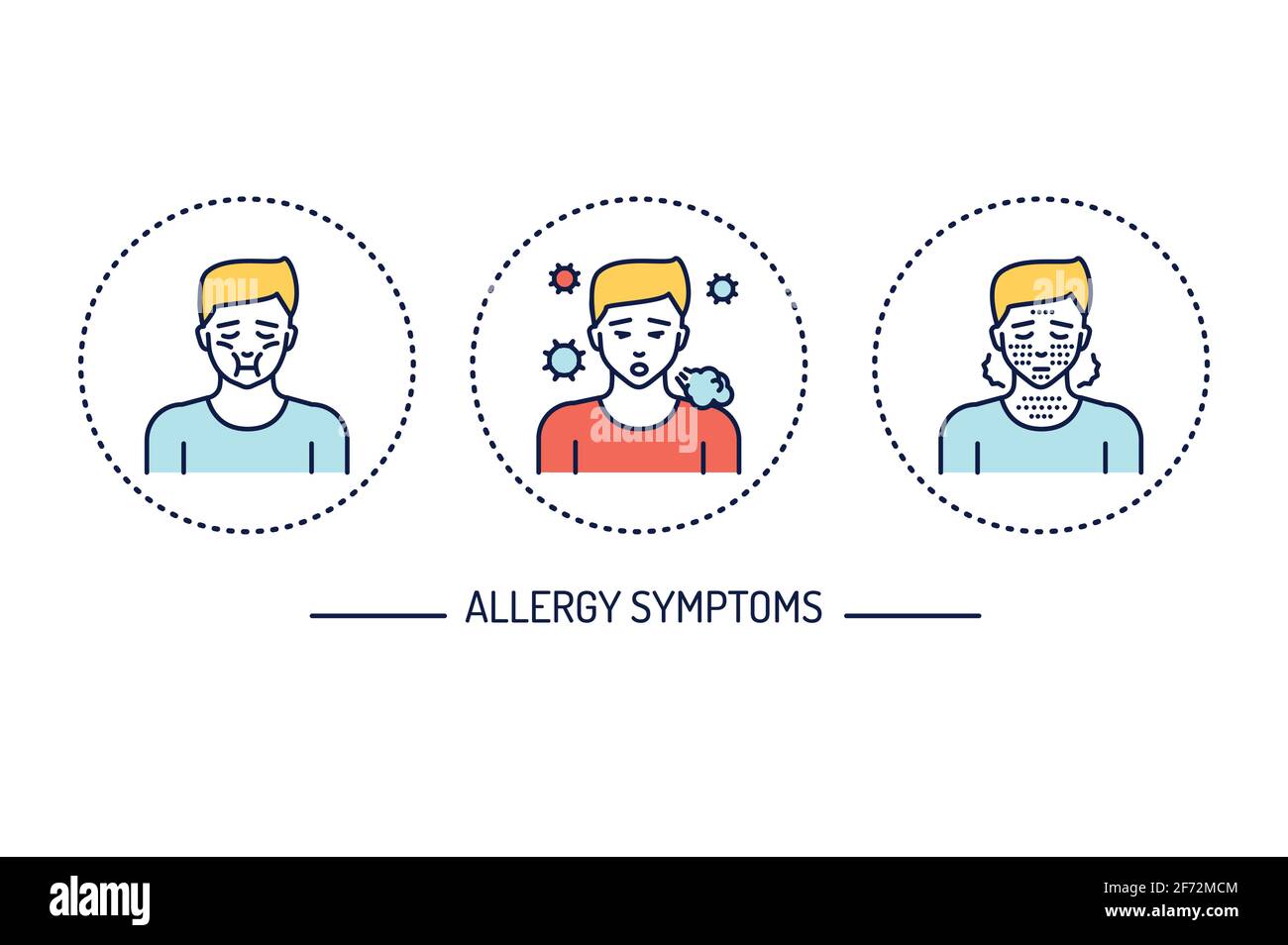 Allergiesymptome Linienfarbe Symbole Konzept. Dermatologische, infektiöse Erkrankung. Stock Vektor