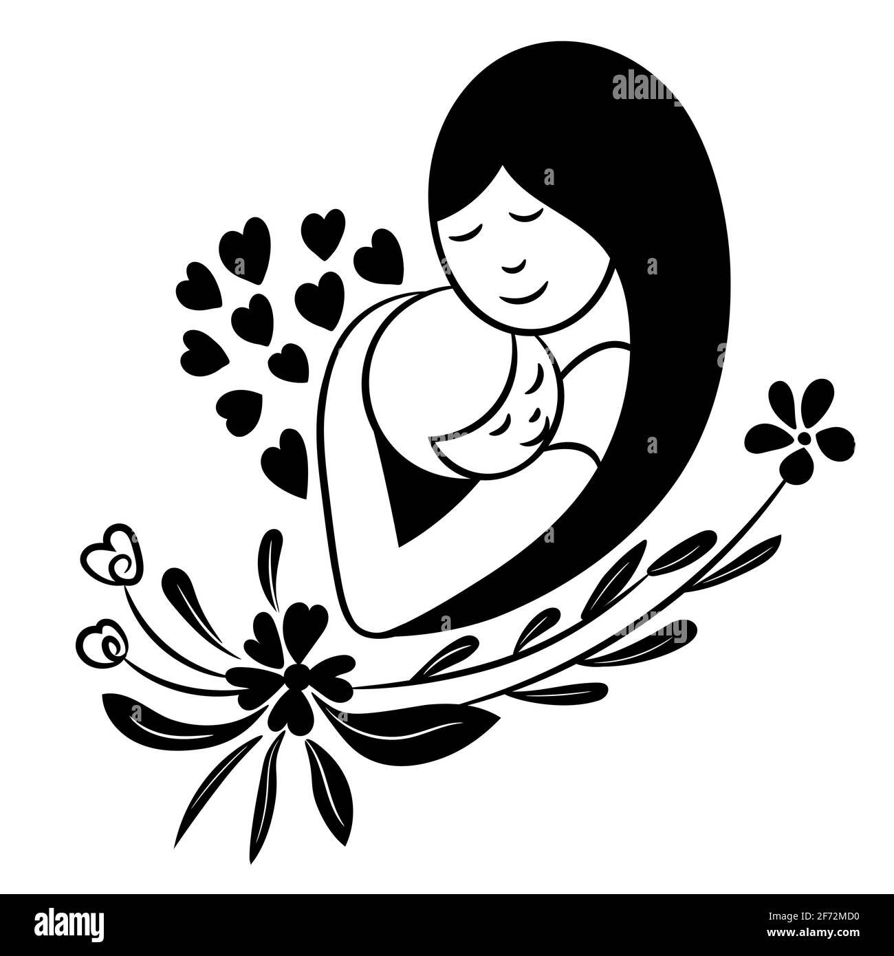 Mutter hält ein neugeborenes Baby mit einem Arm in herzförmiger Silhouette mit einem floralen, Symbol für den Muttertag, Vektorgrafik. Stock Vektor