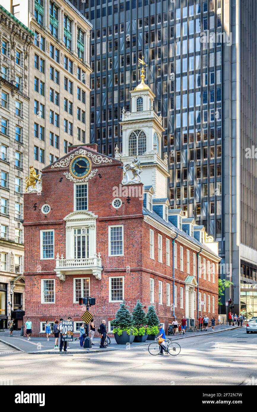 Das Old State House, 206 Washington Street, ist eine Touristenattraktion in der Innenstadt von Boston, Massachusetts. Stockfoto