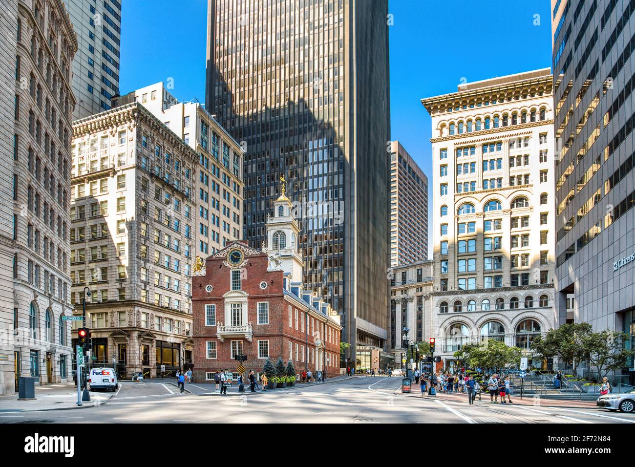 Das Old State House, 206 Washington Street, ist eine Touristenattraktion in der Innenstadt von Boston, Massachusetts. Stockfoto