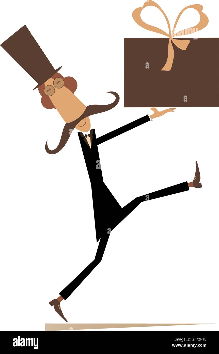 Schnurrbart Mann in der Hut trägt riesige Geschenk-Box mit Band Illustration Stock Vektor