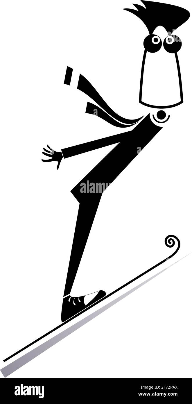 Cartoon junger Mann ein Skispringer Illustration. Lustiger junger Mann ein Skispringer schwarz auf weiß Illustration Stock Vektor
