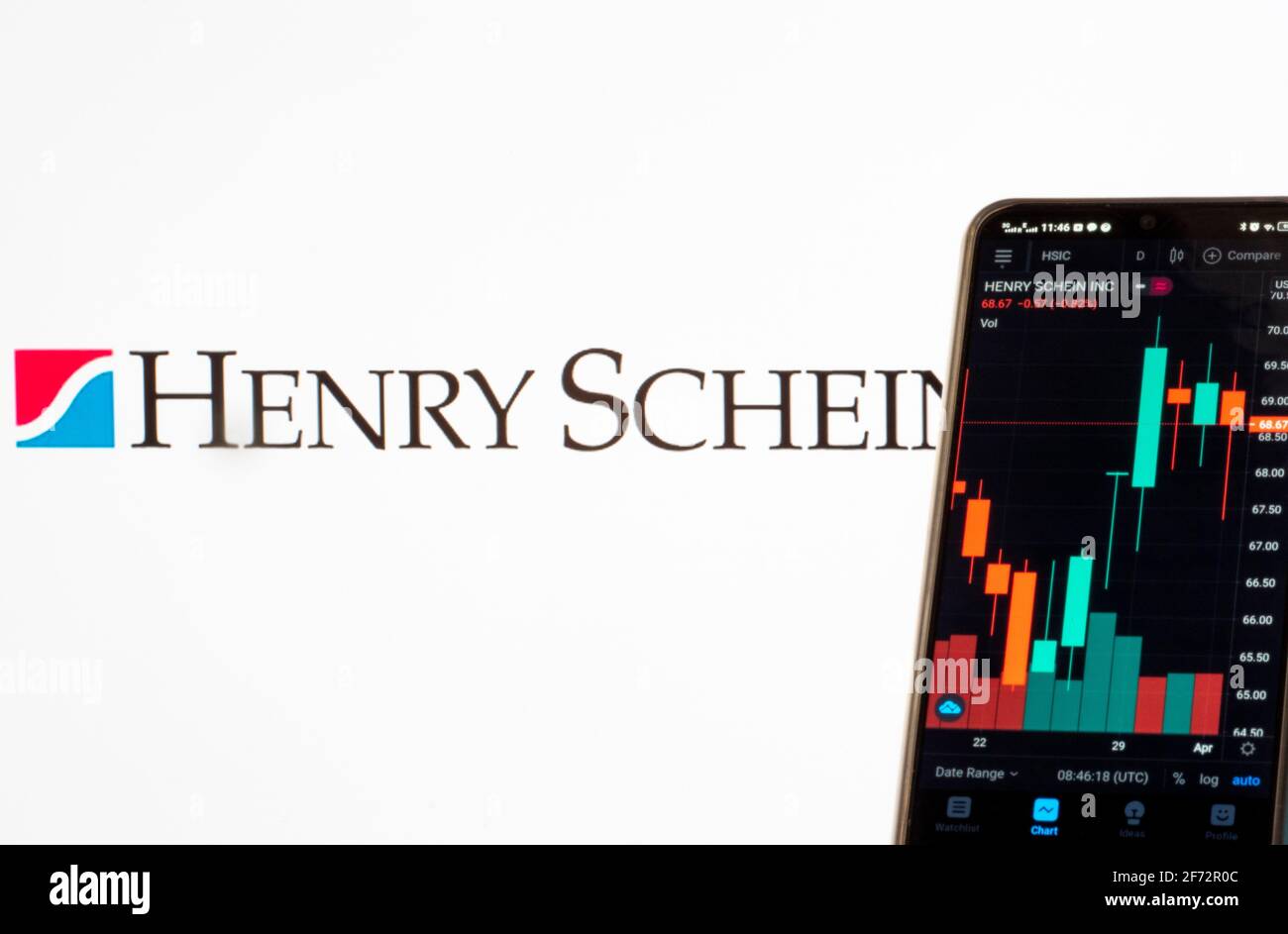 In dieser Abbildung werden die Börseninformationen von Henry Schein, Inc. Auf einem Smartphone mit dem Henry Schein, Inc-Logo im Hintergrund angezeigt. Stockfoto