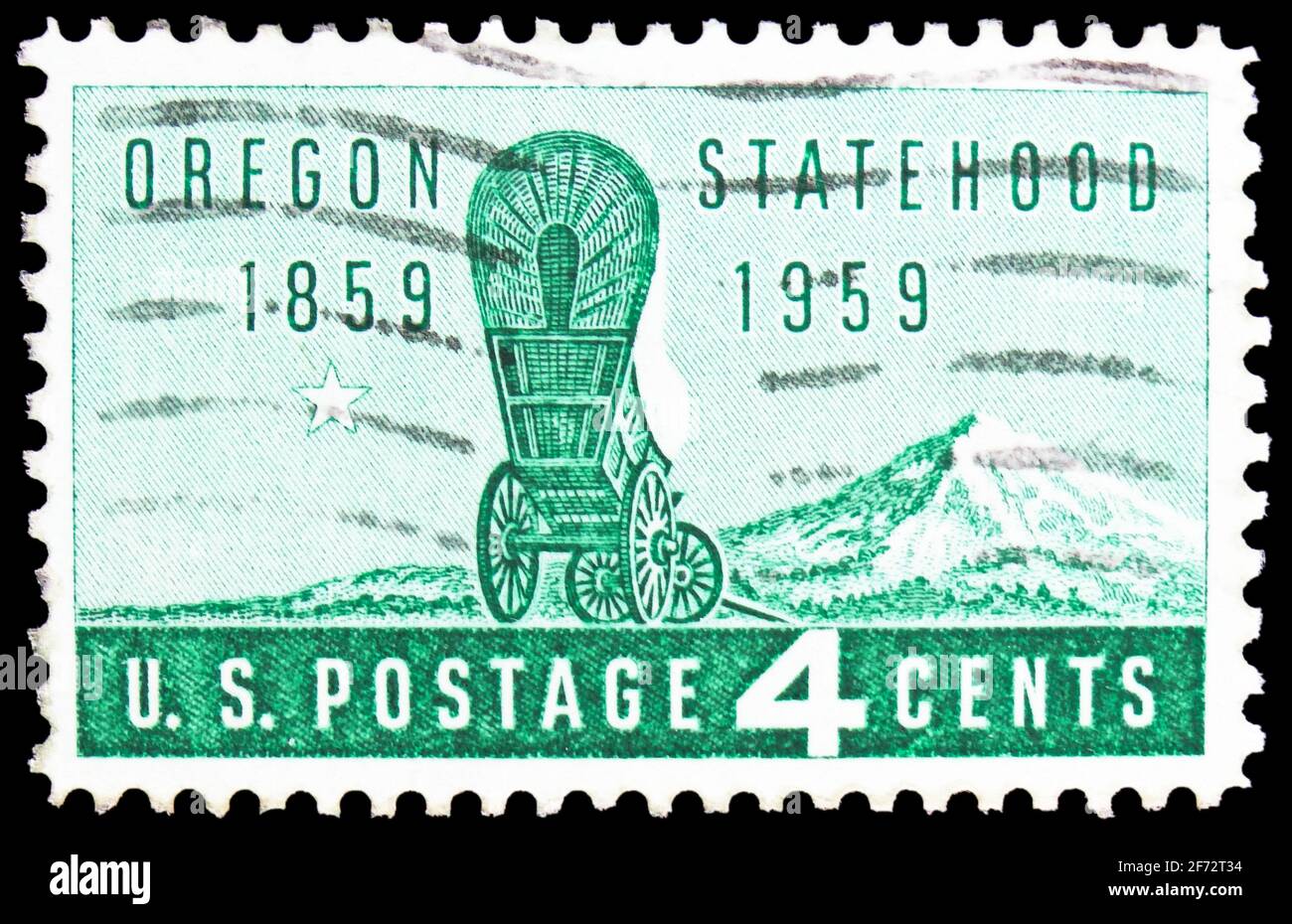 MOSKAU, RUSSLAND - 12. JANUAR 2021: Briefmarke gedruckt in den Vereinigten Staaten gewidmet 100 Jahre Oregon Staatlichkeit, bedeckt Wagon und Mountain Hood, seri Stockfoto